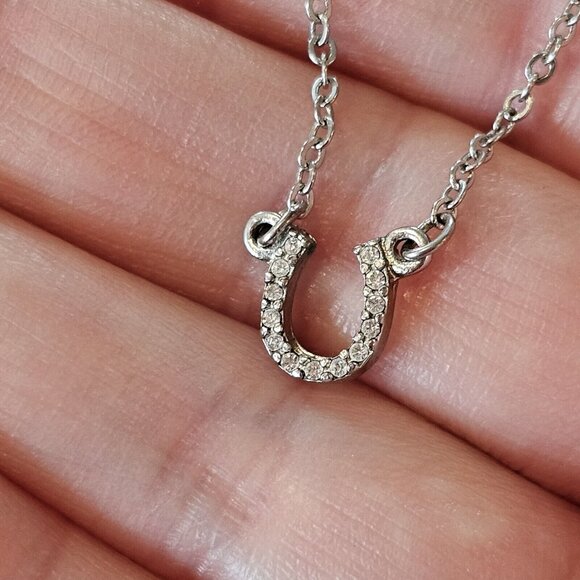 Premier Design Silver Tone Dainty Necklace Good Luck Horse Shoe Rhinestones 16" - Picture 2 of 5